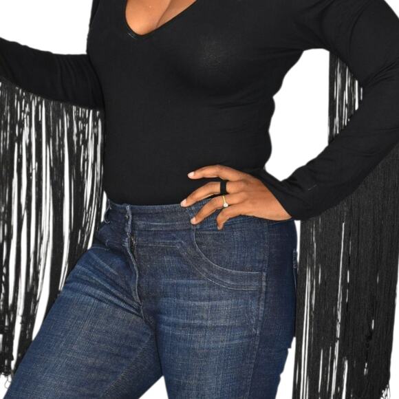 ASOS Fringe Bodysuit Black Plunge V Neck Long Sleeve Stretch Statement Blouse 6 - Picture 12 of 13